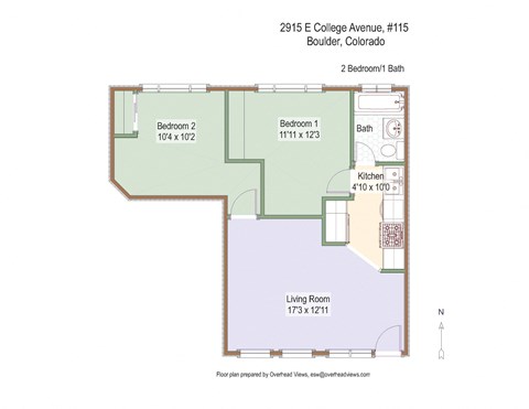 Floor plan for 2 beds, 1 bath, 638 sqft